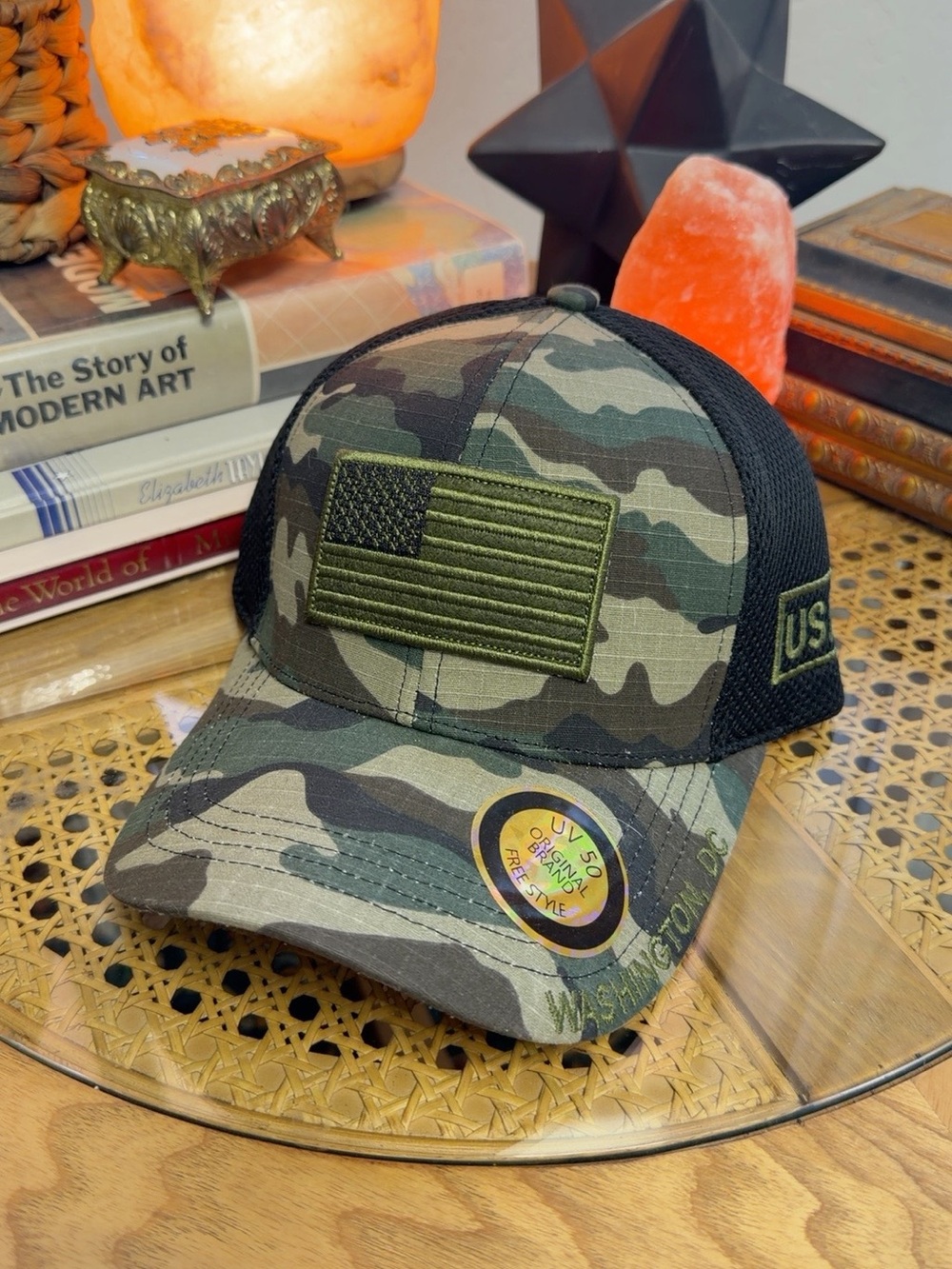 US Military Camo Trucker Cap with Olive Flag Patch